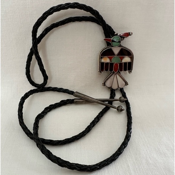 Vintage 1960s Native American Zuni Bolo Tie with Channel Inlay Thunderbird - Picture 3 of 8